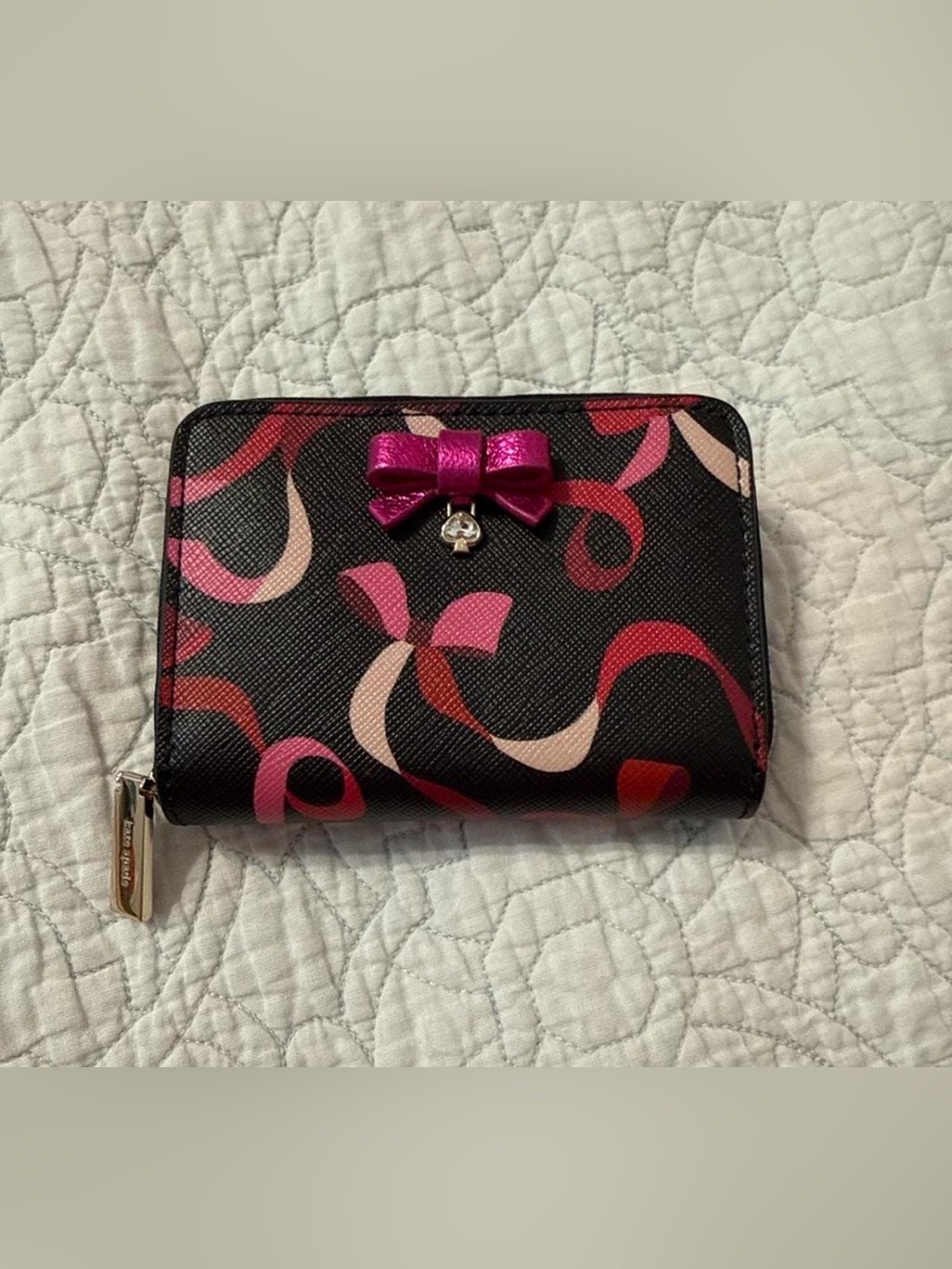 Kate Spade Pink Bow Accent Small Wallet - Black with Pink Ribbon Print